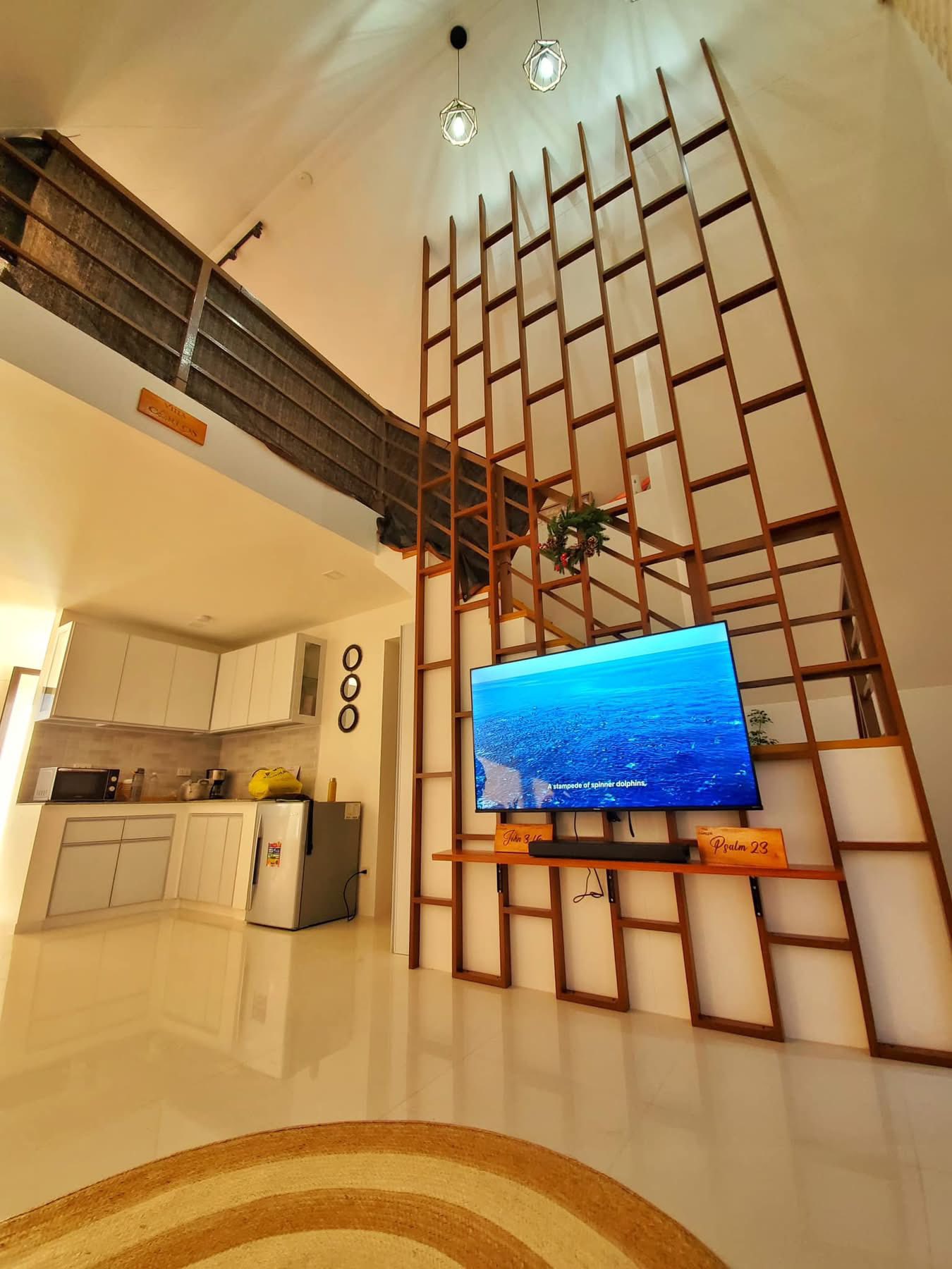 Interior wood divider and TV area
